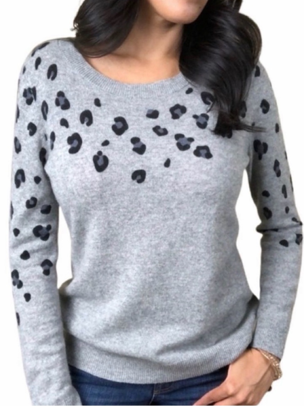 Halogen Gray Leopard Print 100% Cashmere Sweater S
